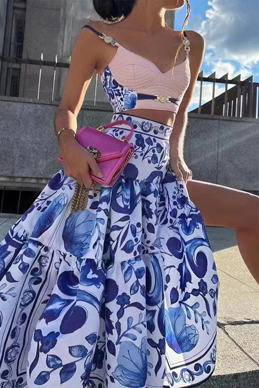 New Floral Blue Suspender Skirt And Swing Dress Two-Piece Set 2 Piece Sets Women Outfit New In Matching Sets Women's Clothing Sales Runway Model Summer Dress