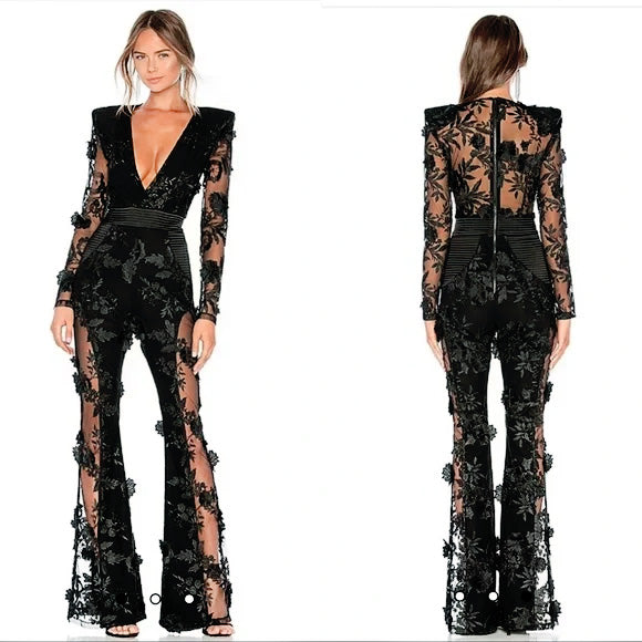 Women's Sheer Mesh Lace Diamond Jumpsuits One Piece Outfits Sexy V-neck Long Sleeve Rhinestone Rompers Club Overalls