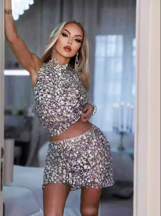 Sparkling Rhinestone Sexy Halter Backless Two-Pieces Set Birthday Evening Party Celebrity Stage Costume Nightclub Dress