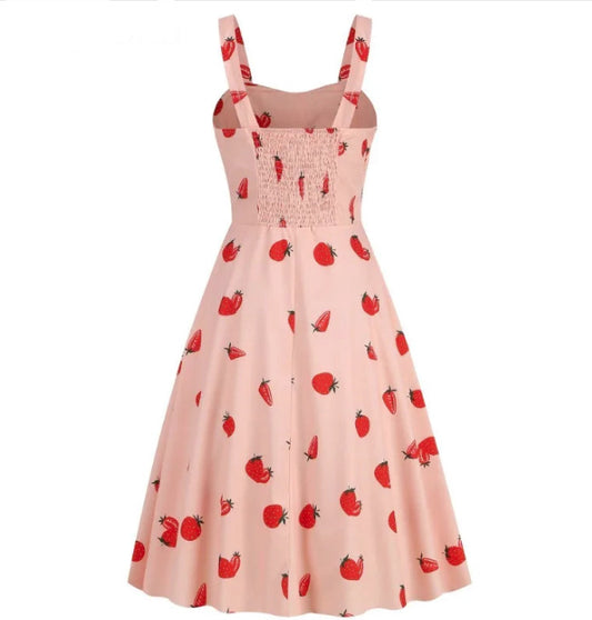 Strawberry Print Vintage Summer Dresses Women Holiday Outfits Women Femme Sexy 1950s 60s Rockabilly Party Dress Fun Cute Dress