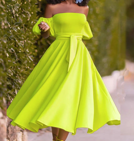 Elegant Lady New Summer Dress Midi Dresses Summer Women Off Shoulder Solid Party Dress Short Sleeve Flair Elegant Dress Club Dress