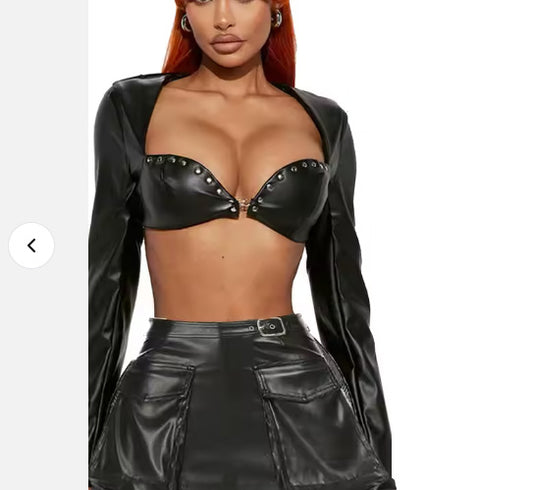 Leather Studed Sexy Leopard Capri Set Punk Gothic Concert Party Club Sexy Leather 2 Piece Sets Women Outfit Crop Rivet Patchwork Jackets + Leopard Print Pants Womens Streetwear