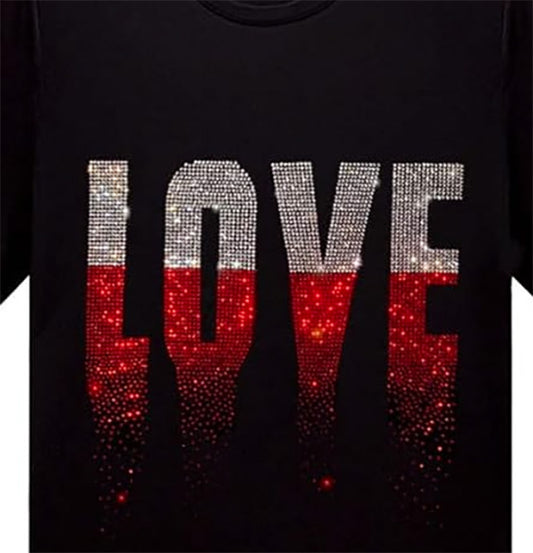 LOVE Rhinestone Short Sleeve Premium Cotton T Shirt High Quality Ice Silk Cotton Fabric