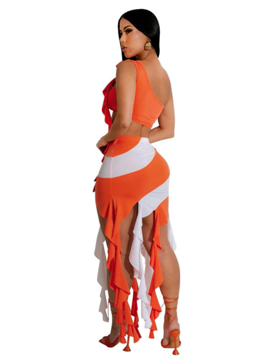 Summer Ruffles Sexy Two 2 Pieces Sets Women Stripe Tassel Skirts and Flower Skew Collar Crop Top Y2k Club Party Outfits