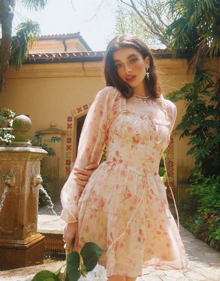 Romantic Dress Sweet Floral Mini Dress Woman Long Sleeve Causal Floral Dress Beach Party One Piece Dress Korean Fashion Summer Chic Sheer Long Sleeves