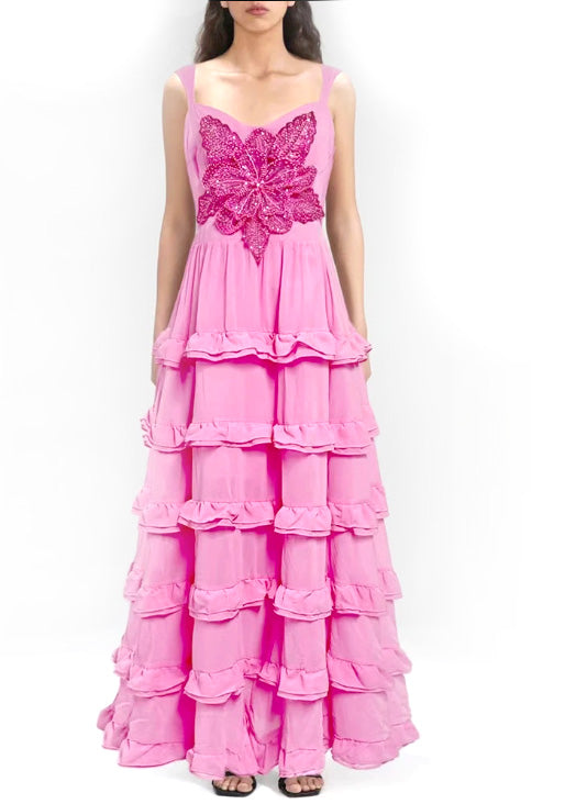 Solid Elegant Tiered Long Dresses for Women Square Collar Sleeveless Patchwork Sequins Appliques Slim A Line Dress Female