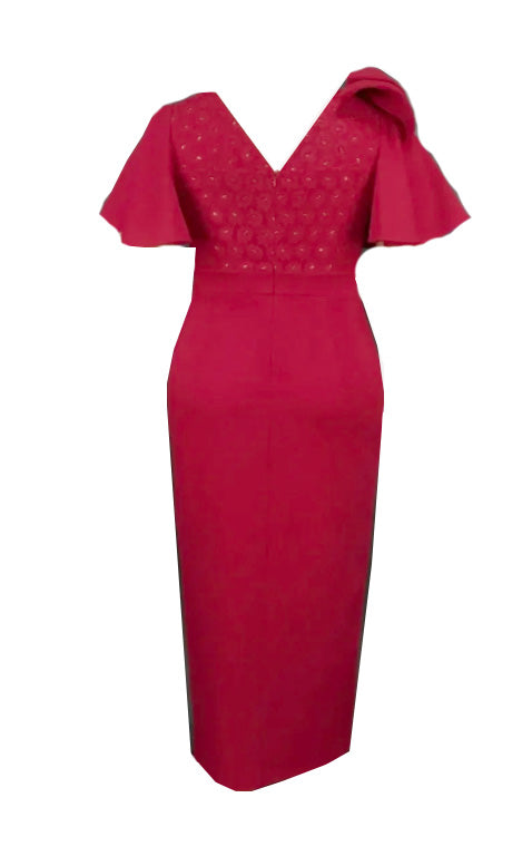 Women Vintage Red Lace Patchwork Party Dress V Neck Bow Short Sleeves Empire Elegant Christmas Evening Event Gowns New In