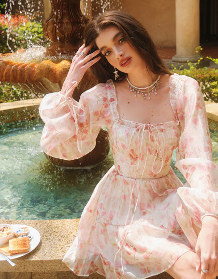 Romantic Dress Sweet Floral Mini Dress Woman Long Sleeve Causal Floral Dress Beach Party One Piece Dress Korean Fashion Summer Chic Sheer Long Sleeves