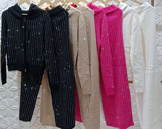 Fashion Rhinestone Knit 2 Piece Set Casual Hooded Sweater Spring Women Wide Leg Pants Ensemble