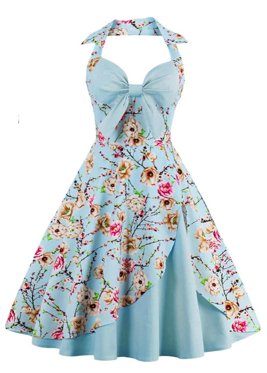 Floral Print Halter Vintage Tunic Dress 50s 60s Elegant V Neck Party Casual Retro Big Swing Bow Dress Rockabilly Women Clothing