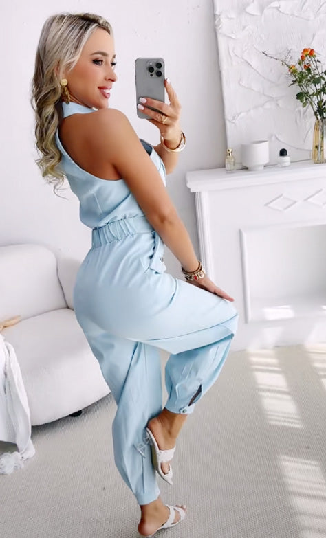 Stylish 2 Piece Outfit Sleeveless High Neck Cargo Pockets Designer Top Casual Cuffed Long Pant Set