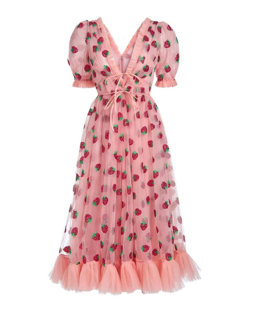 French Cherry Love Strawberry Sparkle Sweet Vintage Style Dress V-neck Bow Tie Dress