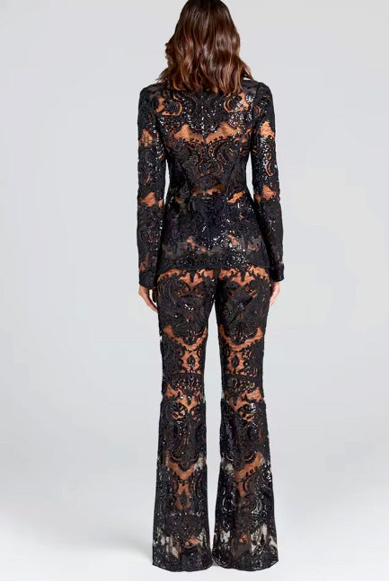 Gorgeous Sequin Lace Womes Suit Set Showstopper New! 2025 Designer Runway Suit Set Women's Single Button Guipure Lace Sequined Blazer Pants Suit
