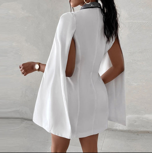 White Party Rhinestone Low Cut Tuxedo Cocktail Dress Jacket Notched Collar Cape Sleeves Mini Blazer Dress