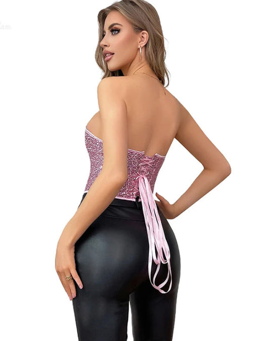 Sweet Heart Pink Strapless V-Hem Corset Pink Sequined Sexy Women's Top