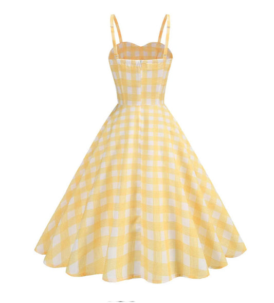 Spaghetti Strap Yellow Gingham Plaid 50s Vintage Rockabilly Dresses Birthday Clothing for Women Party Backless Summer Dress Blue Gingham