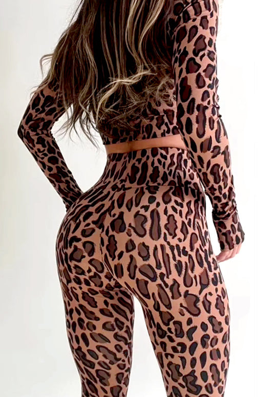 Thumb Hole Top Leopard Sporty Women Two Piece Sets Casual Animal Leggings Crop Top Brown Half High Neck Pullover