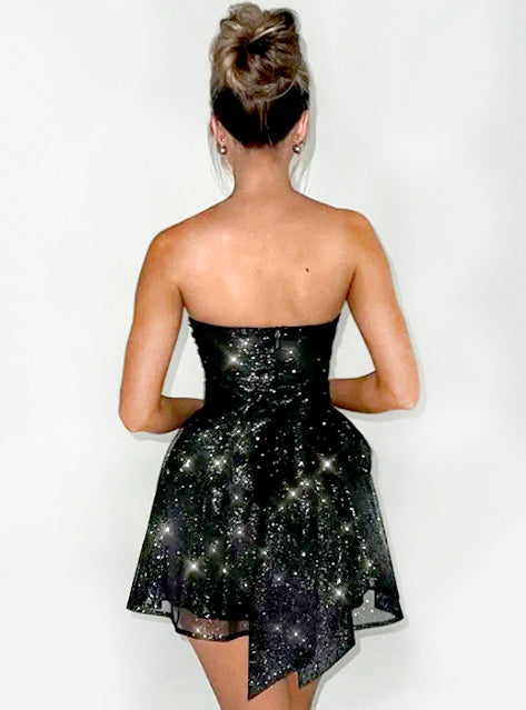 Elegant Strapless Sexy Mini Dress Women Fashion Black Off-shoulder Backless Pleated Sequin Sparkle Club Party Dress