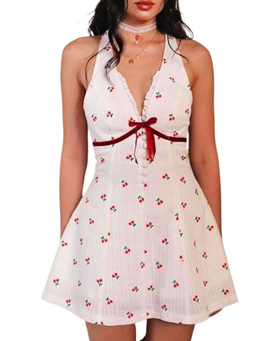 Cherry Dress Sexy Women Clothes Tank Bow Sweet High Waist Mini Dress