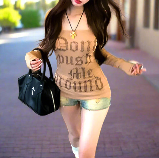 "Don't Push Me Around" American Retro Lettering Rhinestone Casual Long-sleeved T-shirt Off-shoulder Top