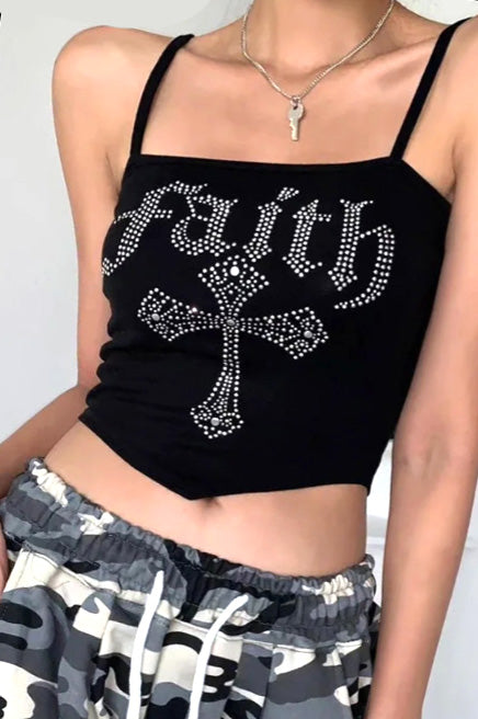 Rhinestones Letters Crop Top Sleeveless Camisole Tank Top Summer Outfits Faith