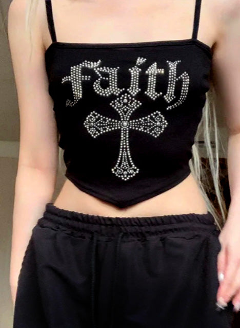 Rhinestones Letters Crop Top Sleeveless Camisole Tank Top Summer Outfits Faith