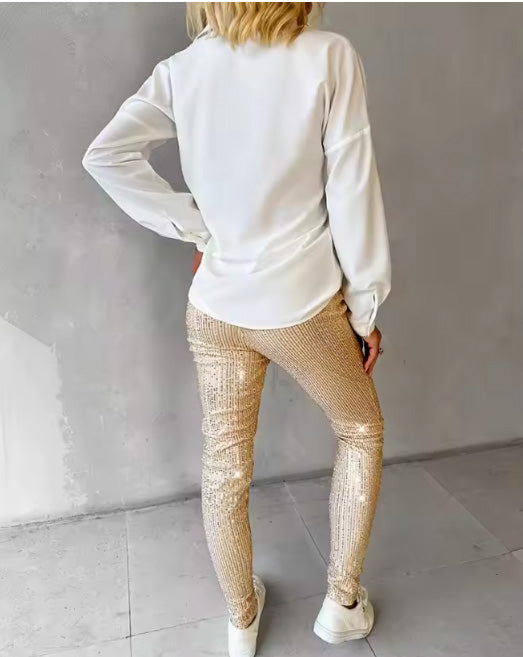 Women Gold Sequin White Long Sleeve Gold Pant Set Glitter Shiny Pant Sets Gold Outfit