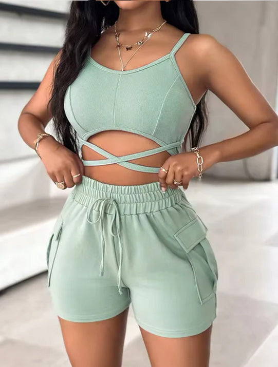2025 Women Sexy Spaghetti Straps Crisscross Lace Up Cami Top & Solid Bottom Pockets Summer Short Sets Casual Matching Set