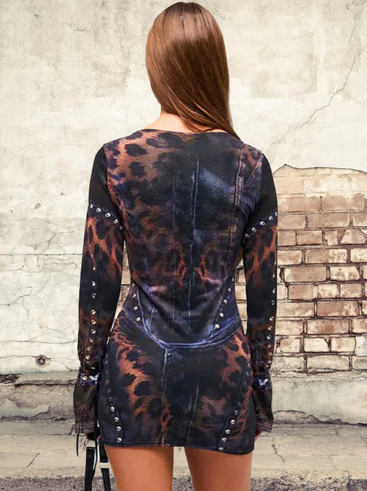 Leopard Smoke Show Sexy Bodycon Mini Dress Women Fashion Full Sleeve Female Club Party Dress