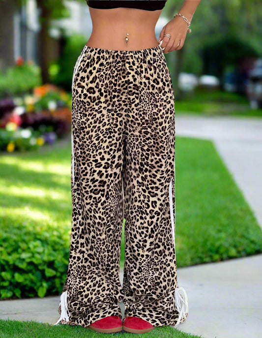Varsity Skater Leopard Street Pant Women High Waist Striped Wide Leg Side Tie Pants Fashion Loose Pants Casual Pants
