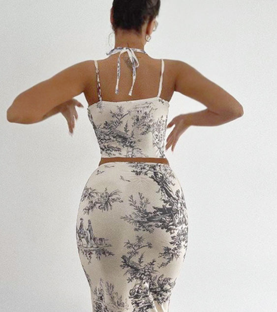 Sexy Corset White Halter Floral Print Corset Crop Tops And Wrap High Waist Midi Skirt Dress Two Piece Set Summer Outfits Hamptons Outfit