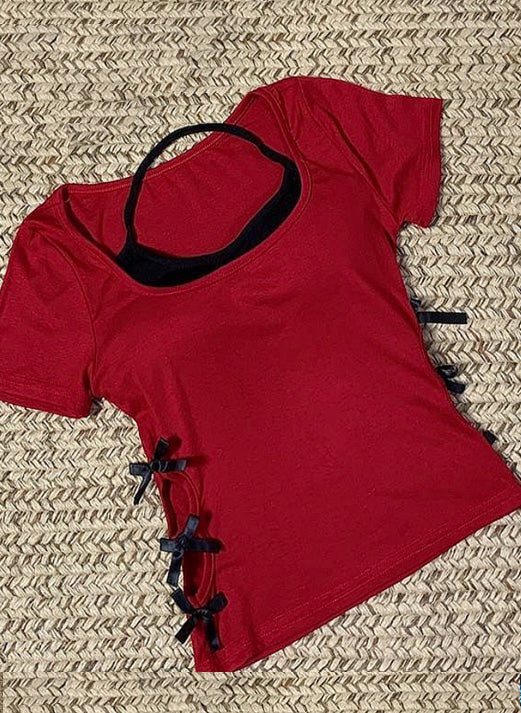 Fashion Bow Tie Side Cutout Two Piece T-shirt Hollow Sides Bows Halter Bralette