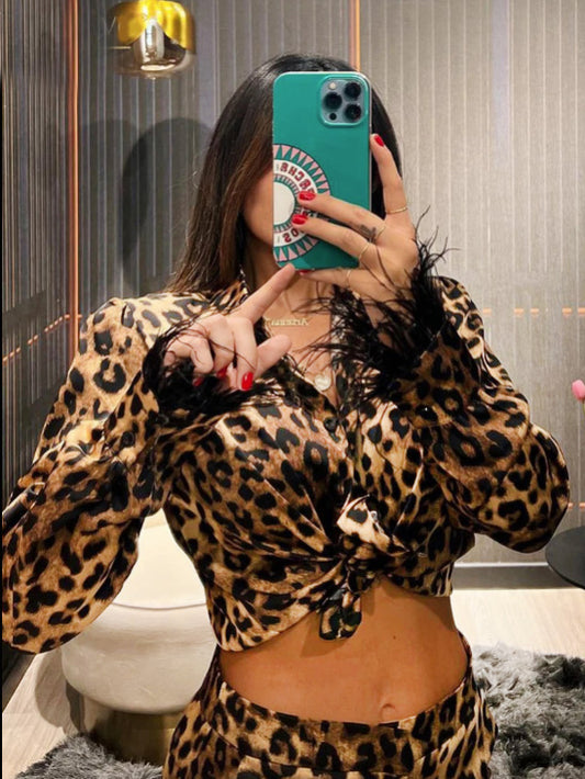 Leopard Print Women Two Piece Set Outfits Fashion Long Sleeve Shirts Wide Leg Pants Set