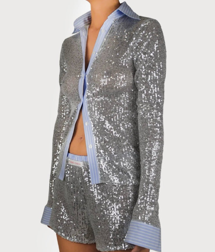 Glitter Sequin Sparking Pin Stripe Accent "Boyfriend" Top & Short Set Button Up Shirt Women Glitter Suit Long Sleeve Blouses Short Pant Spring Slim Casual Pant Sets