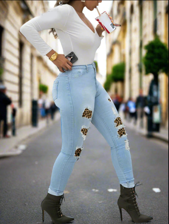 Hot Ripped Patch Leopard Print Jeans Fashion High Waist Stretch Skinny Denim Pencil Pants Street Casual Hipster Jeans