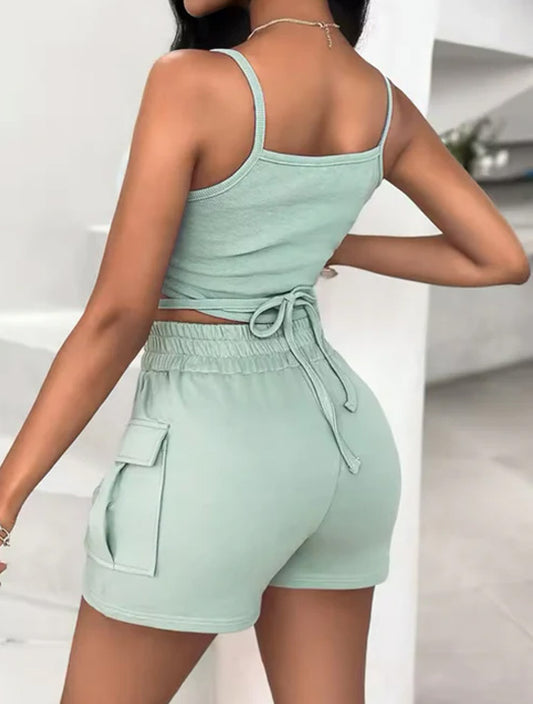 2025 Women Sexy Spaghetti Straps Crisscross Lace Up Cami Top & Solid Bottom Pockets Summer Short Sets Casual Matching Set