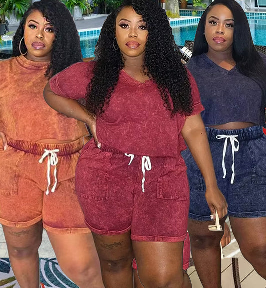Vixen Acid Washed Set Two Piece Outfit Women Clothing Shorts Sets Solid Casual Tops and Pants Matching Set