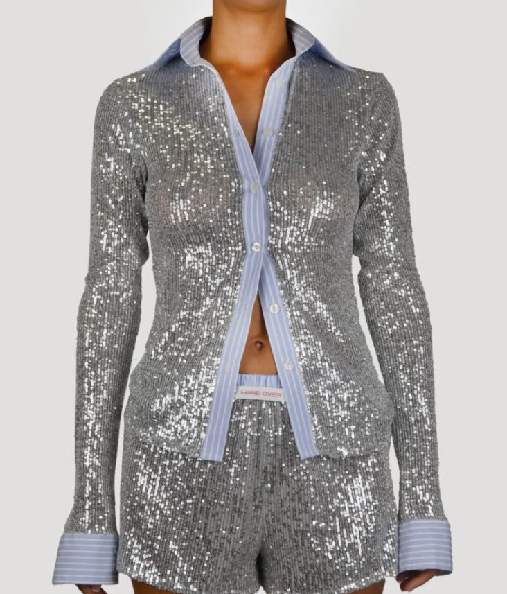 Glitter Sequin Sparking Pin Stripe Accent "Boyfriend" Top & Short Set Button Up Shirt Women Glitter Suit Long Sleeve Blouses Short Pant Spring Slim Casual Pant Sets