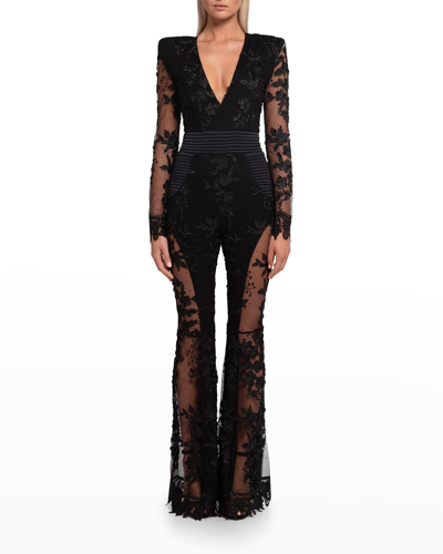 Women's Sheer Mesh Lace Diamond Jumpsuits One Piece Outfits Sexy V-neck Long Sleeve Rhinestone Rompers Club Overalls