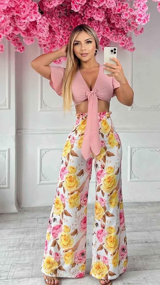 Women's Vacay Outfit Two Piece Set Sexy Tie Up Top Floral Print & Wide Leg Pant Set Suits Women's Outfits Casual Clothes Female Pants Suit