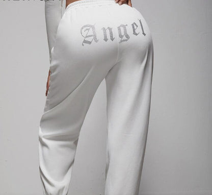 "Angel" Rhinestone Sweat Pants Bling Sweats With Pockets Cotton Casual Y2K Pants Rhinestone Angel Print Winter Streetwear
