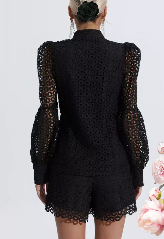 Floral Diamond Accent Two Piece Set One of A Kind Outfit Hook Flower Hollow Shirt & Short Set Sexy Embroidery Hook Flower Hollow Crochet Set Women Button Top Shorts Outfit Lantern Sleeve Lace Suit Set