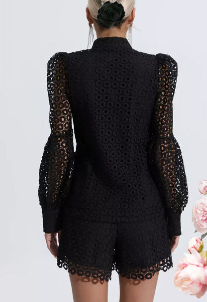 Floral Diamond Accent Two Piece Set One of A Kind Outfit Hook Flower Hollow Shirt & Short Set Sexy Embroidery Hook Flower Hollow Crochet Set Women Button Top Shorts Outfit Lantern Sleeve Lace Suit Set