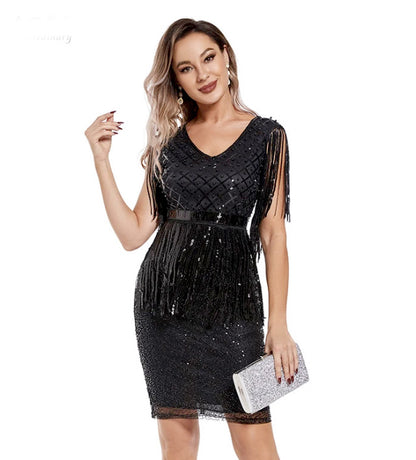 Womens Sparkly Cocktail Party pencil Dress Fringe Sleeve V-Neck Tassels Bodycon sequin Mini Dress V-Neck Tassels Cocktail Dress