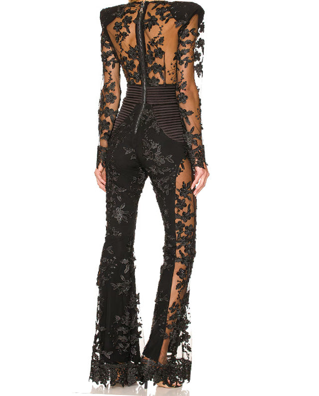 Women's Sheer Mesh Lace Diamond Jumpsuits One Piece Outfits Sexy V-neck Long Sleeve Rhinestone Rompers Club Overalls