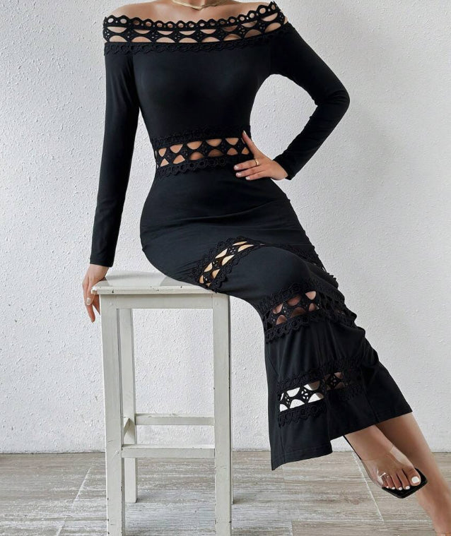 Stunning Black Dress Evening Party Club Bodycon Maxi Dress for Women Sexy Off Shoulder Lace Patch Long Sleeve Midi Dress
