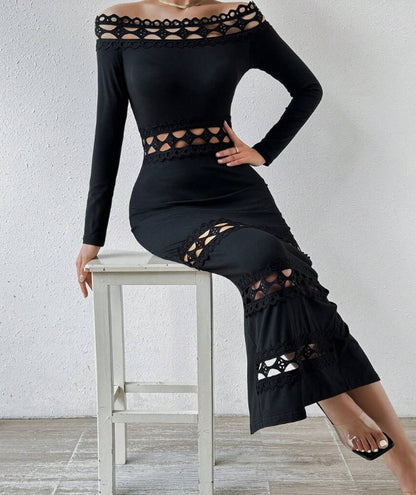 Stunning Black Dress Evening Party Club Bodycon Maxi Dress for Women Sexy Off Shoulder Lace Patch Long Sleeve Midi Dress