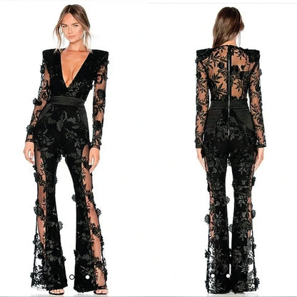Women's Sheer Mesh Lace Diamond Jumpsuits One Piece Outfits Sexy V-neck Long Sleeve Rhinestone Rompers Club Overalls