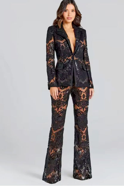 Gorgeous Sequin Lace Womes Suit Set Showstopper New! 2025 Designer Runway Suit Set Women's Single Button Guipure Lace Sequined Blazer Pants Suit
