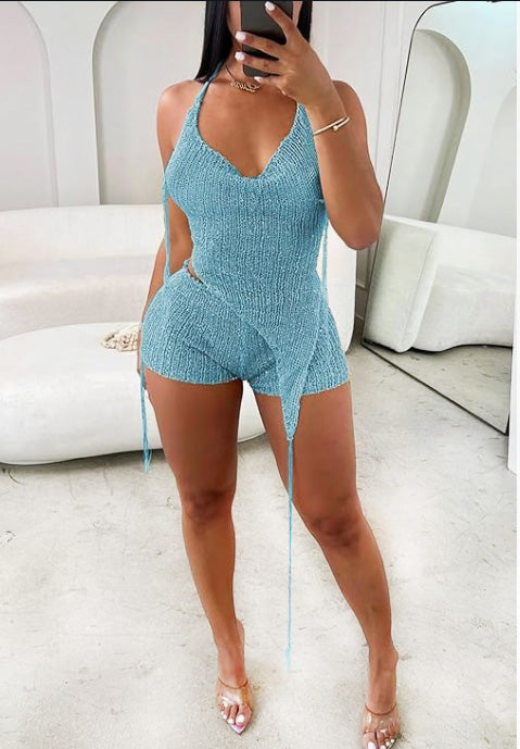 Womens Summer 2025 Sexy Scoop Neck Sleeveless Backless Strap Sequin Hoodie Backless Top + Shorts Two Piece Set Club Party Wear Set